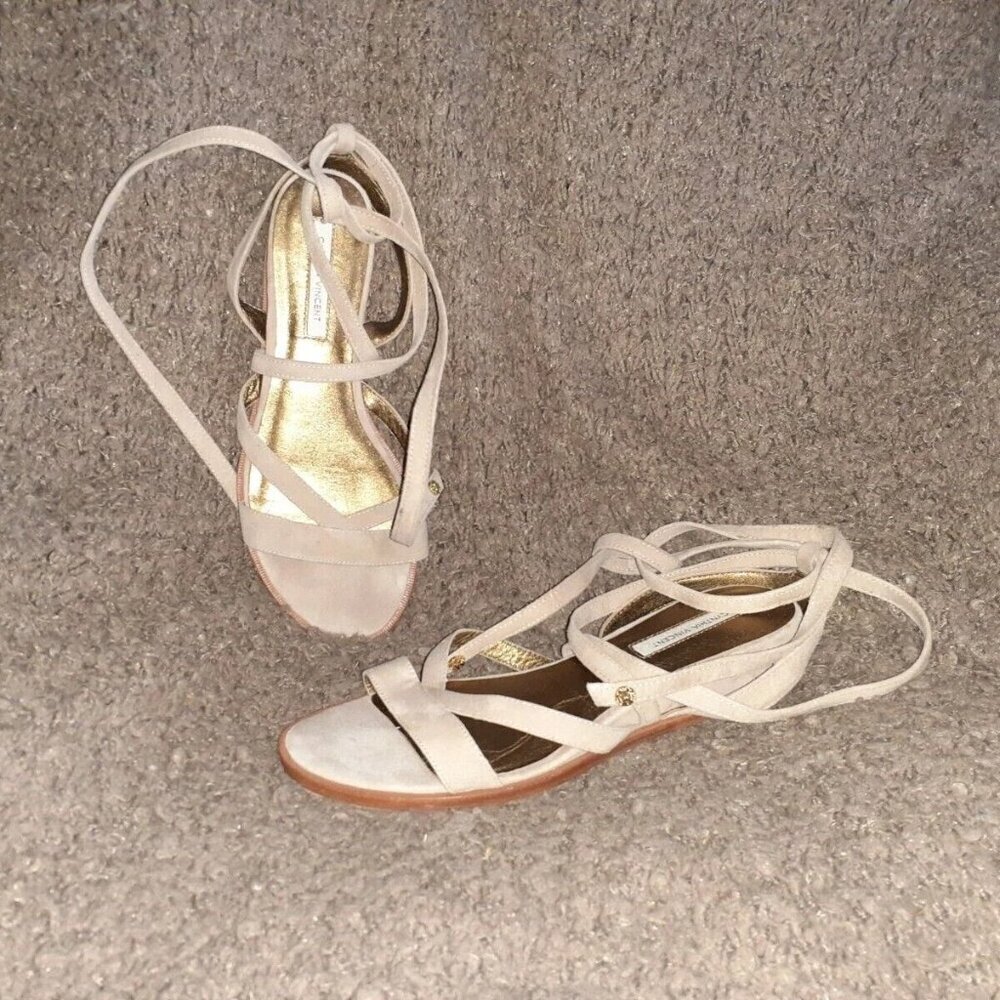 CYNTHIA VINCENT-Patience-Latte Suede-Ties-Mini Wedge Flat Sandals-Sz 8-Excellent